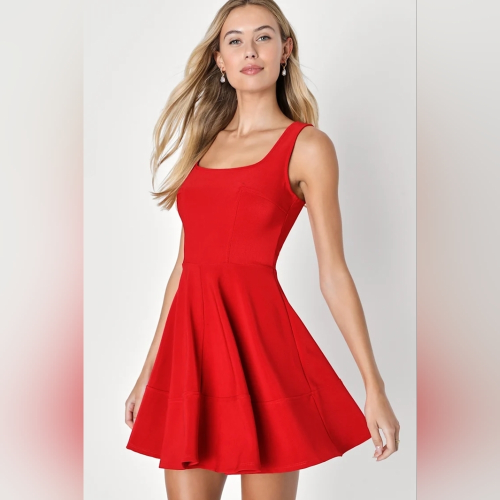 Lulus Home Before Daylight Red Square Neck Sleeveless Skater Dress NWT